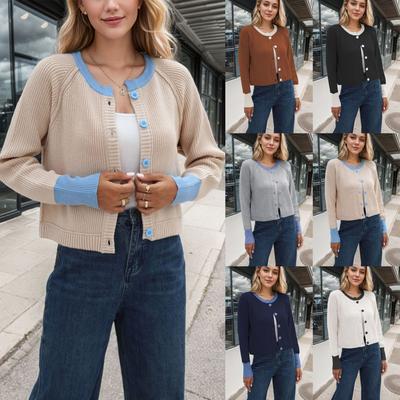 Ribbed Sweater Coat Women Color Block Knitted Cardigan Sweater Button-Up Round Neck Long Sleeve Casual Knitting Tops