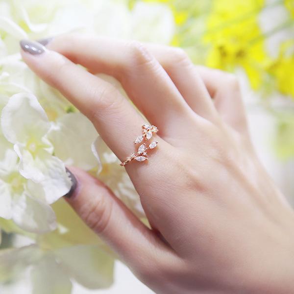 Green Leaf Zircon Open Ring - Trendy Korean & Japanese Style Jewelry