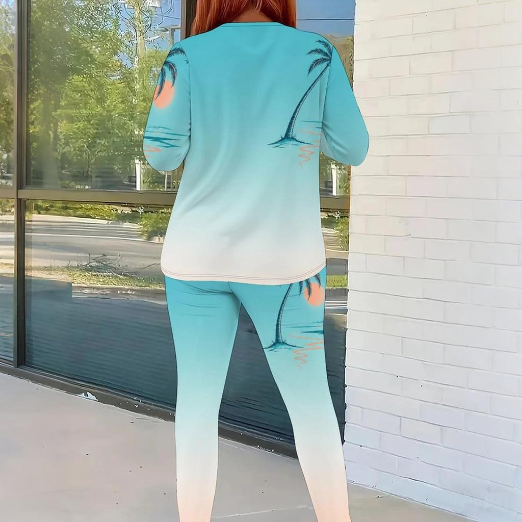 Women Plus Size Two Piece Set Round Neck Long Sleeve Top Fitted Pants Cartoon Printed Colorful Outfit