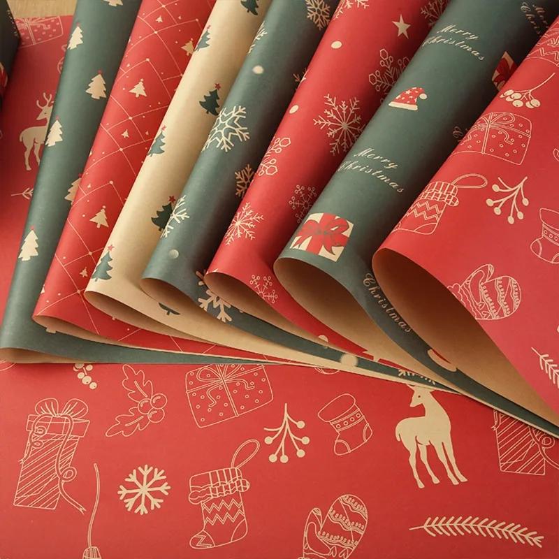 1/10rolls Christmas Kraft Wrapping Paper Red Green DIY Xmas Tree Santa Claus Snowflake Patterns Gifts Craft Packaging Party Home