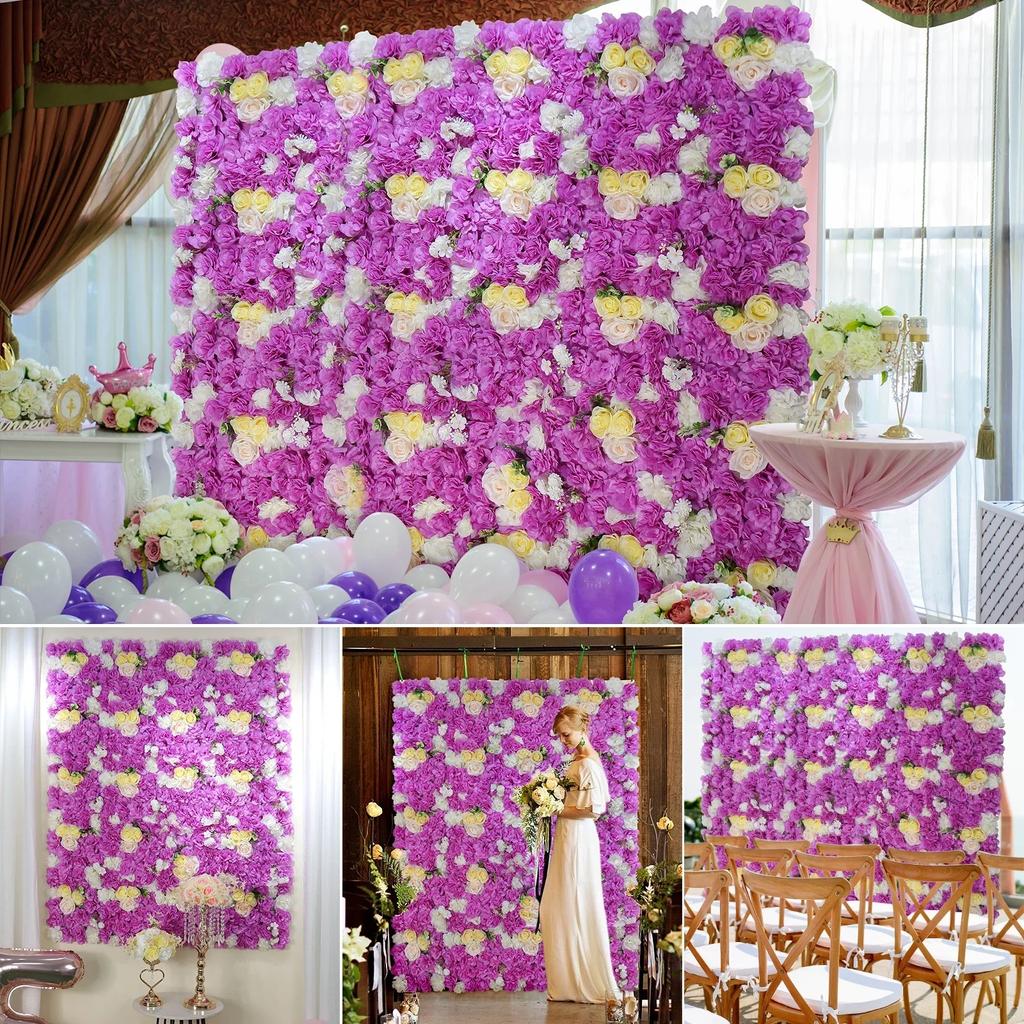 6Pcs Artificial Flowers Wall Panels Decorative Silk Rose Flower Hydrangea Floral Panels for Background Home Wedding Party Décor
