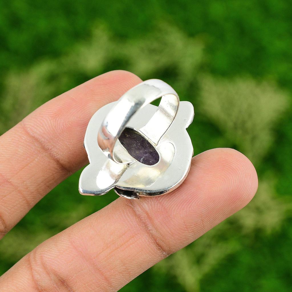 Natural Chevron Amethyst Multi Stone Flower Ring Size 10.25 925 Silver
