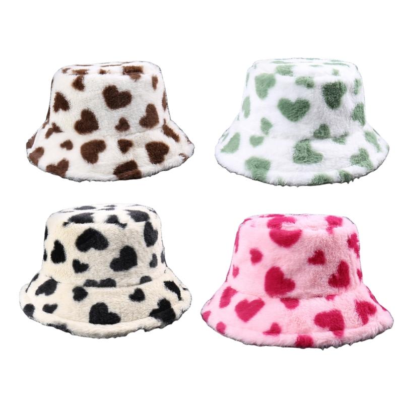 Warm Plush Bucket Caps with Heart Pattern Fashion Winter Autumn Casual Wear Fisherman Hat for Women Girl Outdoor Activity
