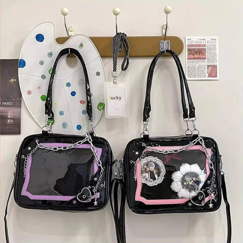 Y2K Cool Hot Ita Shoulder Bag Harajuku Girls Gothic Chain Transparent Tote Bag Large Capacity Crossbody Bag DIY Display Handbags