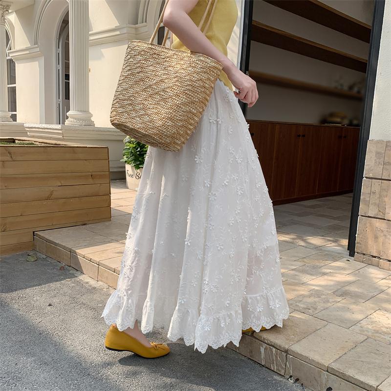 DIMANAF 2025 Letní Dámské Sukně Vintage Elastické Bílé Plisované Elegantní Dlouhé Sukně Nové Krajka Vysoký Pas