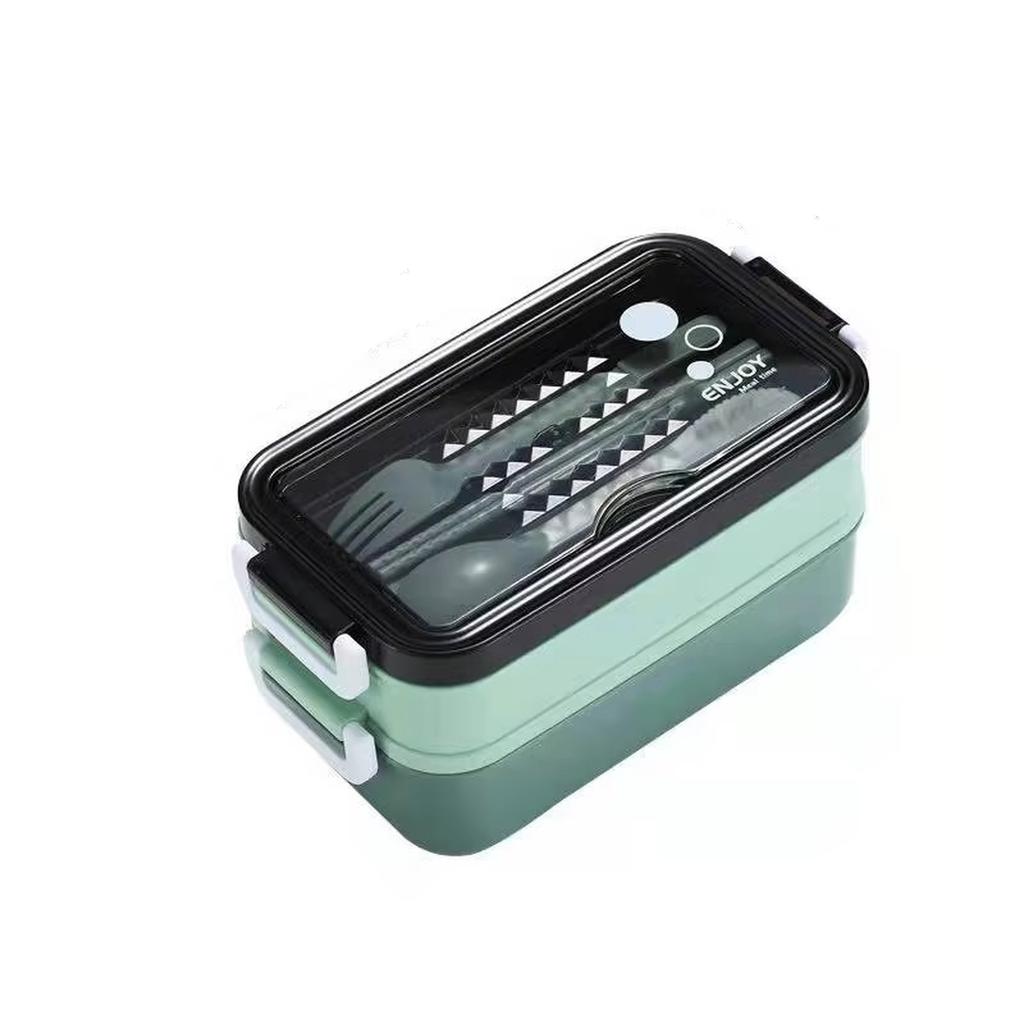Food Grade Plastic Lunch Box 2 Layer Bento Box Microwave Safe with Utensils for Car