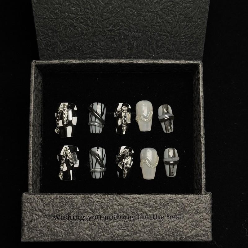 Handmade Press-On Nails With Floral Design Black French Tip Short Style Women Halloween Christmas Party