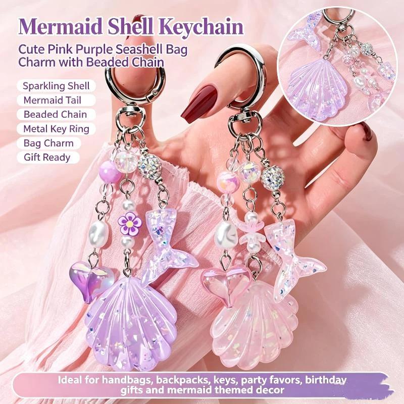Cute Mermaid Tail Shell Keychain With Glitter Sequins Pearl Beads Purse Backpack Decoration Gift For Girls