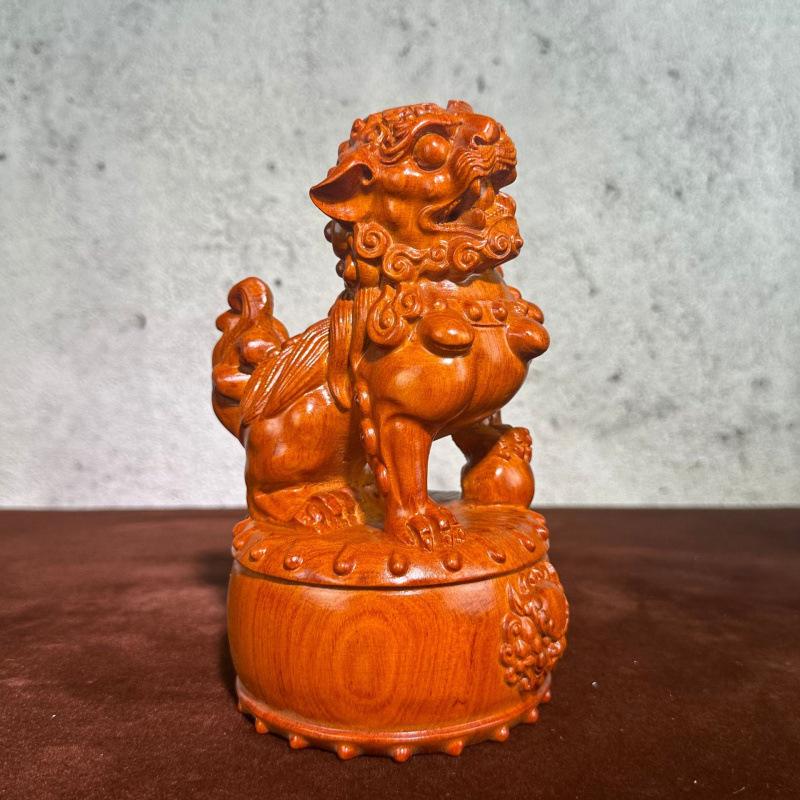 Ebony Lion Standing Drum Ornament - New Home Handcrafted Solid Wood Carving