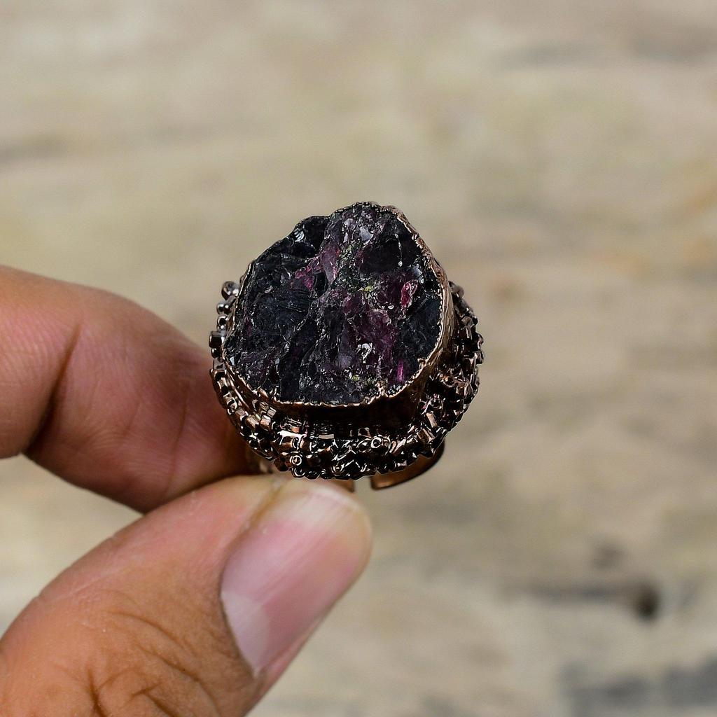 Pink Tourmaline Rough Ring Electroformed Copper Ring Adjustable Ring Handmade Jewelry Gemstone Rings Electroformed Jewelry Engagement Rings