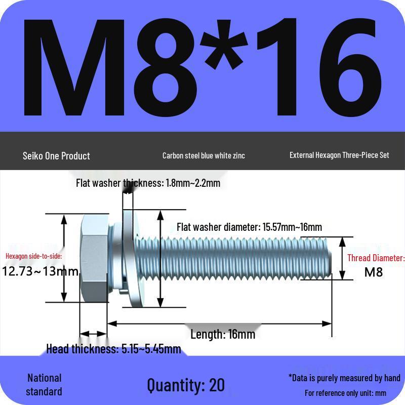 Grade 8.8 Galvanized Hex Bolt Set: Includes Hex Bolt, Spring Washer, Flat Washer (Sizes: M4, M5, M6, M8, M10, M12)