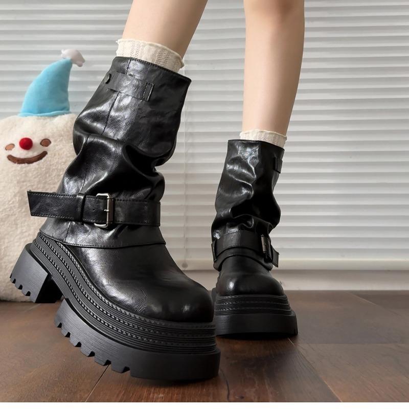 Black Small Rubber Square Heel Medium Heel Women's New Winter Retro Trouser Boots Versatile Fashion Boots