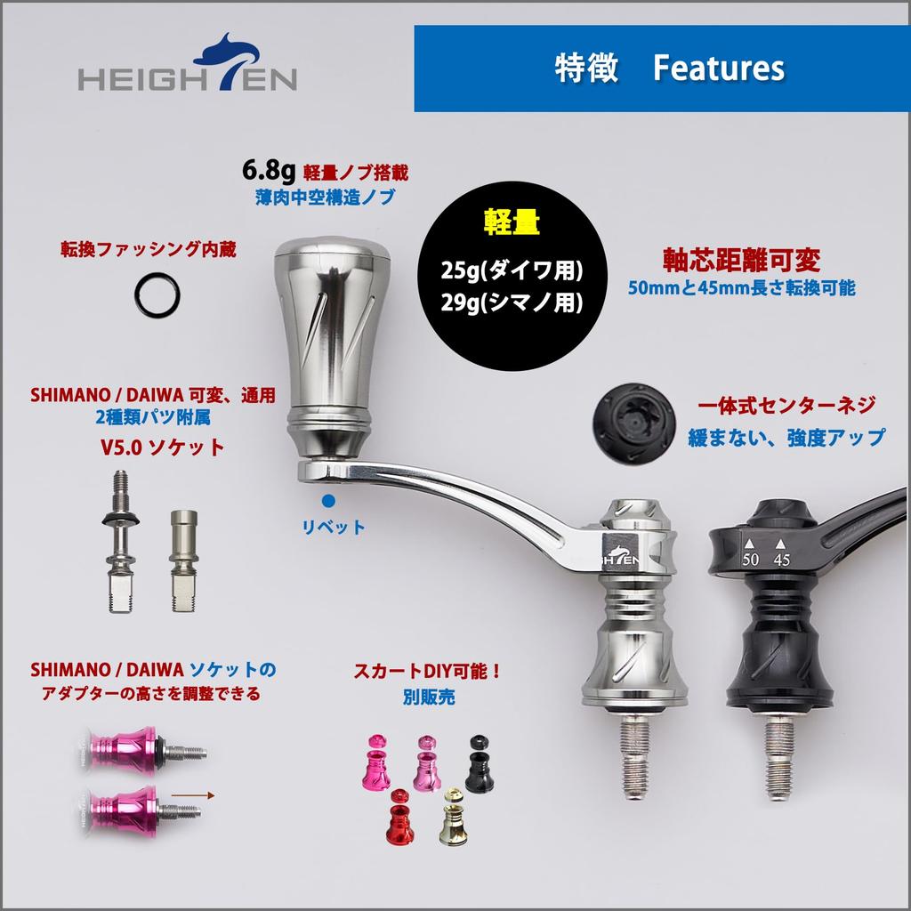 HEIGHTEN 45-50mm Adjustable Reel Handle with 19mm Aluminum Knob for Shimano and Daiwa Arch Series Spinning Reels (Gunmetal) (877)