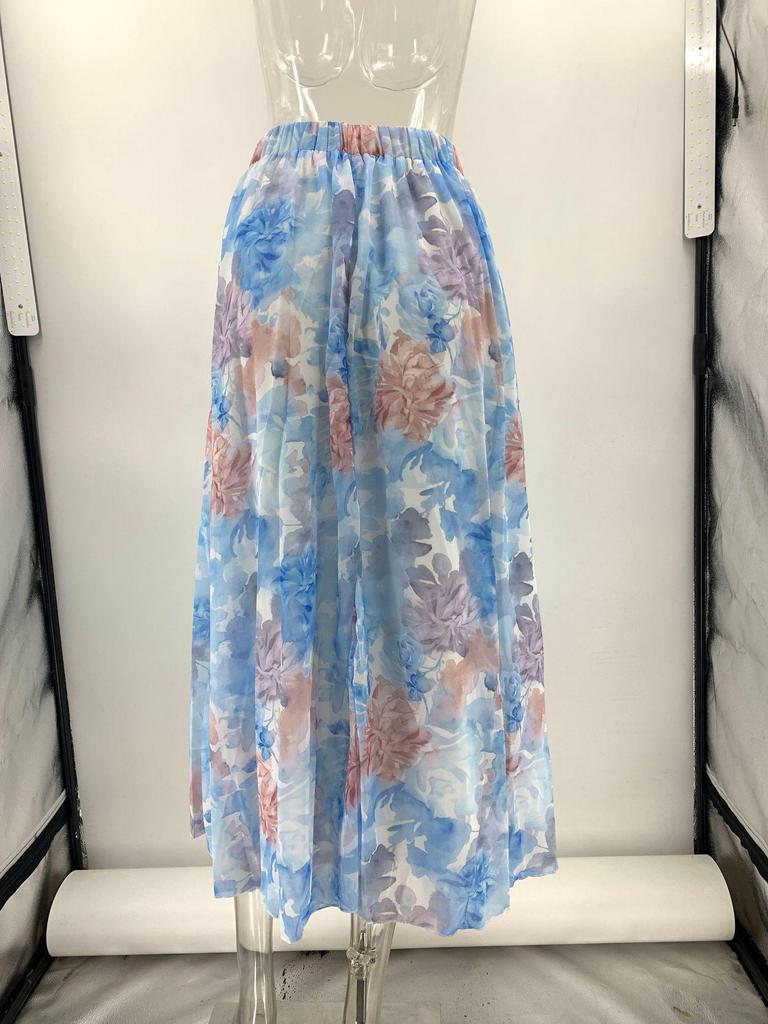 2025 New Summer European & American Chiffon Print Elastic Waist Skirt for Women