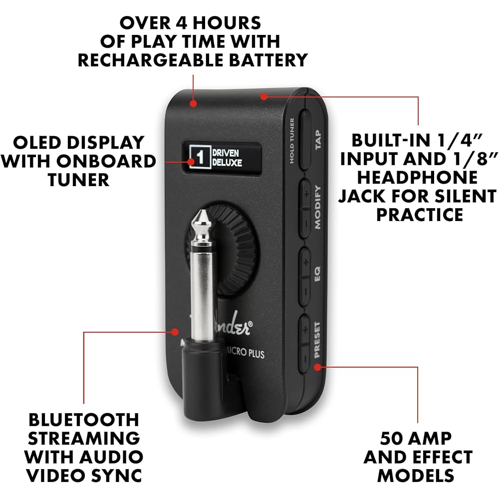 Fender Mustang® Micro Plus Headphone Amplifier for Guitars and Basses