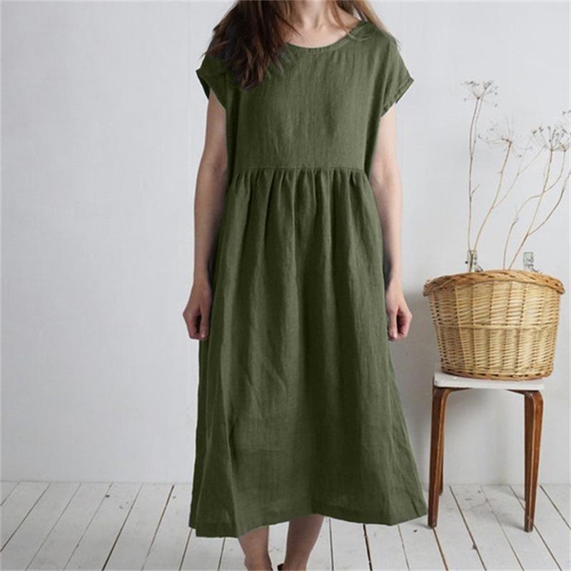 Women's Mid-Length Cotton Linen Dress - Round Neck, Short Sleeve, Solid Color, Pleated, Loose-Fit Casual Design