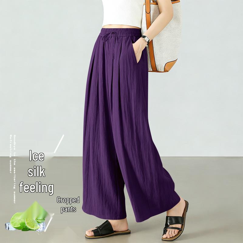 Women's Summer Ice Silk Cropped Loose-Fit Plus Size Pants, Elastic Waist & Petite 8-Point Casual Thin Pants