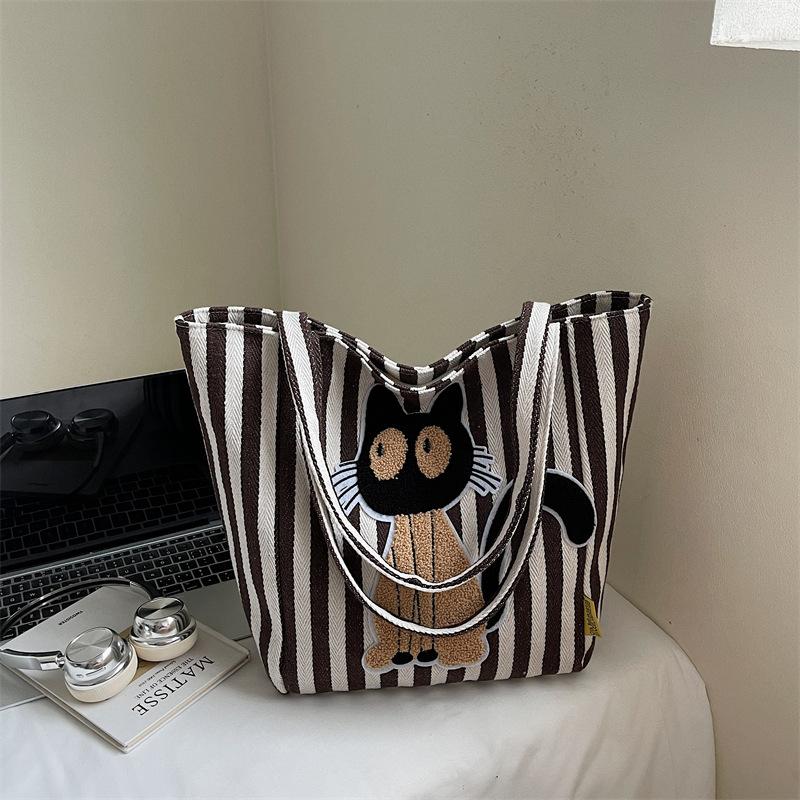 

Vintage Style Cute Cat Pattern Shoulder Bag Stripe Large Capacity Travel Women s Handbag Soft Shopping Tote Bag кофейный