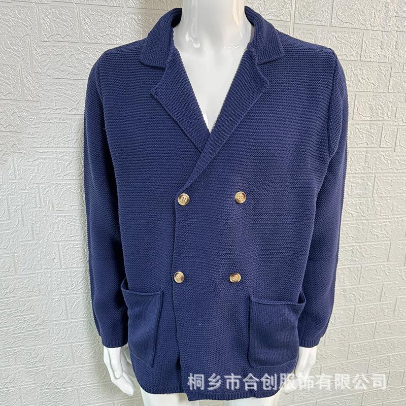 Men's Dark Blue Double Breasted Knit Cardigan with Gold Buttons, Thick Textured Fabric