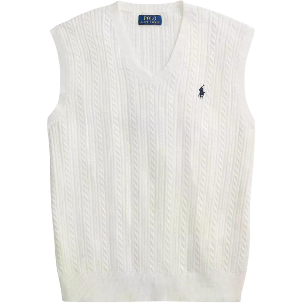 Polo Ralph Lauren FW25 Gesticktes Pony-Logo Muster Einfarbig Zopfmuster Baumwolle V-Ausschnitt Ärmellos Pullover Weste Standard Passform Herren Oberteile 710B13895-001 M white