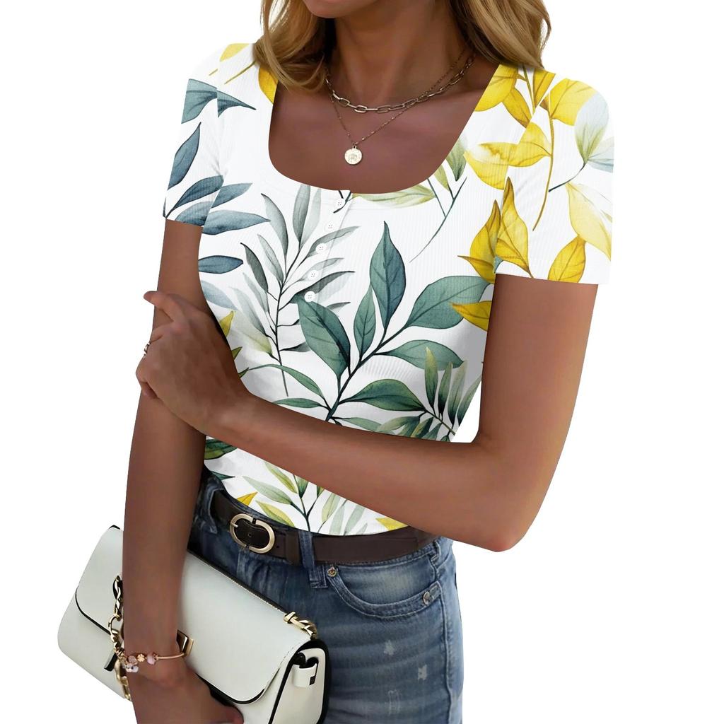 Women's Summer Fashion Tops Short Sleeve Square Neck Button Fashion Casual Floral Ribbed Knit Shirt
