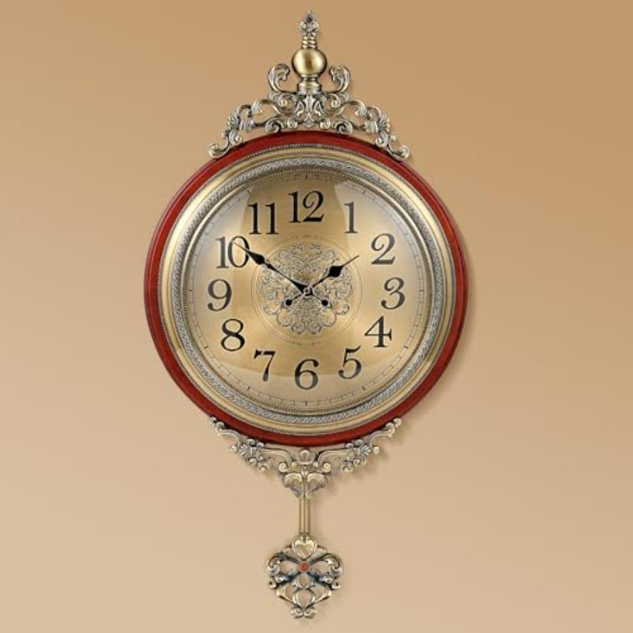 

Vintage Wall Clock with Pendulum 14 Inch Dial Diameter 26.8 Inch Overall Height Large Retro Metal and Glass Silent Clock for Li