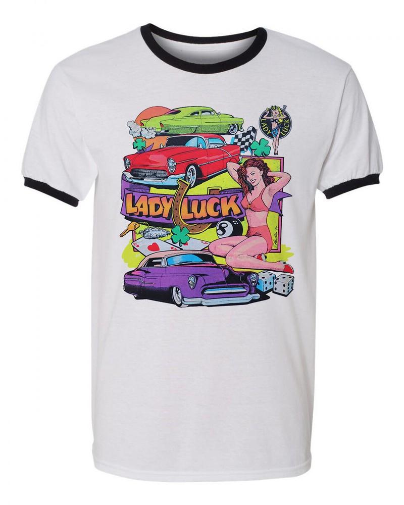 

Unisex Ringer Tee T-shirt Cotton Novelty Lucky Lady Luck Hot Rod no.1 4XL