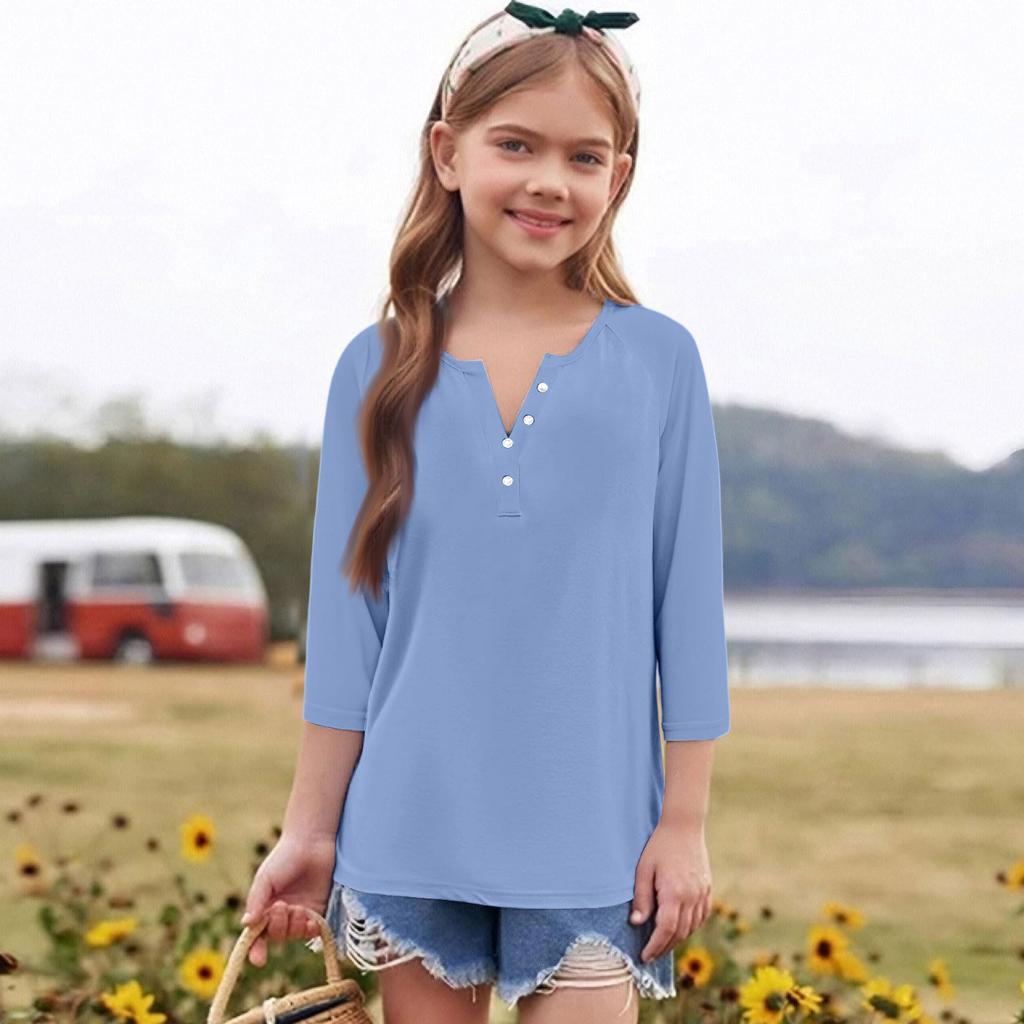 Print Tops For Youth Girls Round Neck 3/4 Sleeves T-Shirts Trendy Tops Outfit Tees