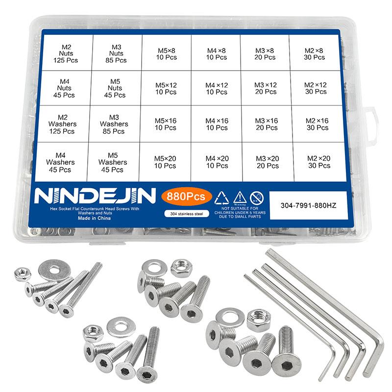 NINDEJIN 880pcs Hex Hexagon Socket Screw Assortment Kit M2 M3 M4 M5 Stainless Steel Flat Round Cap Head Bolt and Nut Set