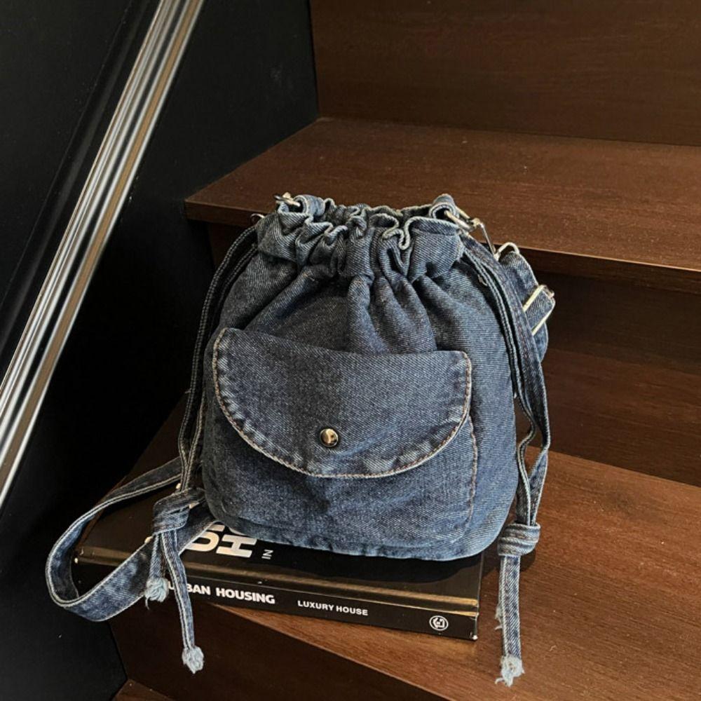 Korean Style Retro Denim Shoulder Bag Crossbody Bag Solid Color Drawstring Bucket Bag Wallet Bags Purse Mobile Phone Bag Men