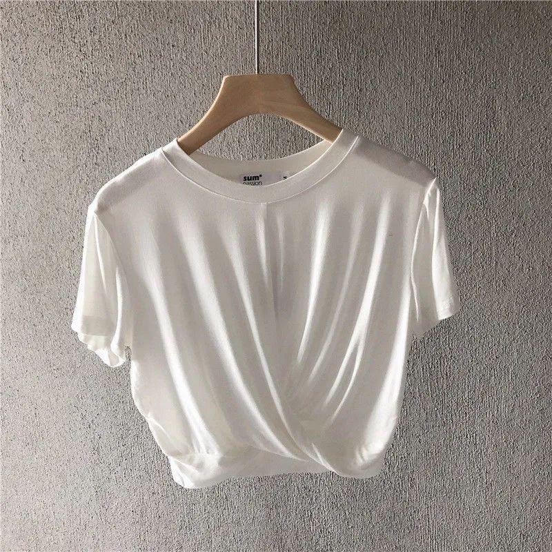 Damen Koreanischer Stil Geknotetes Bauchnabel-Freies Kurzarm Freizeit-T-Shirt