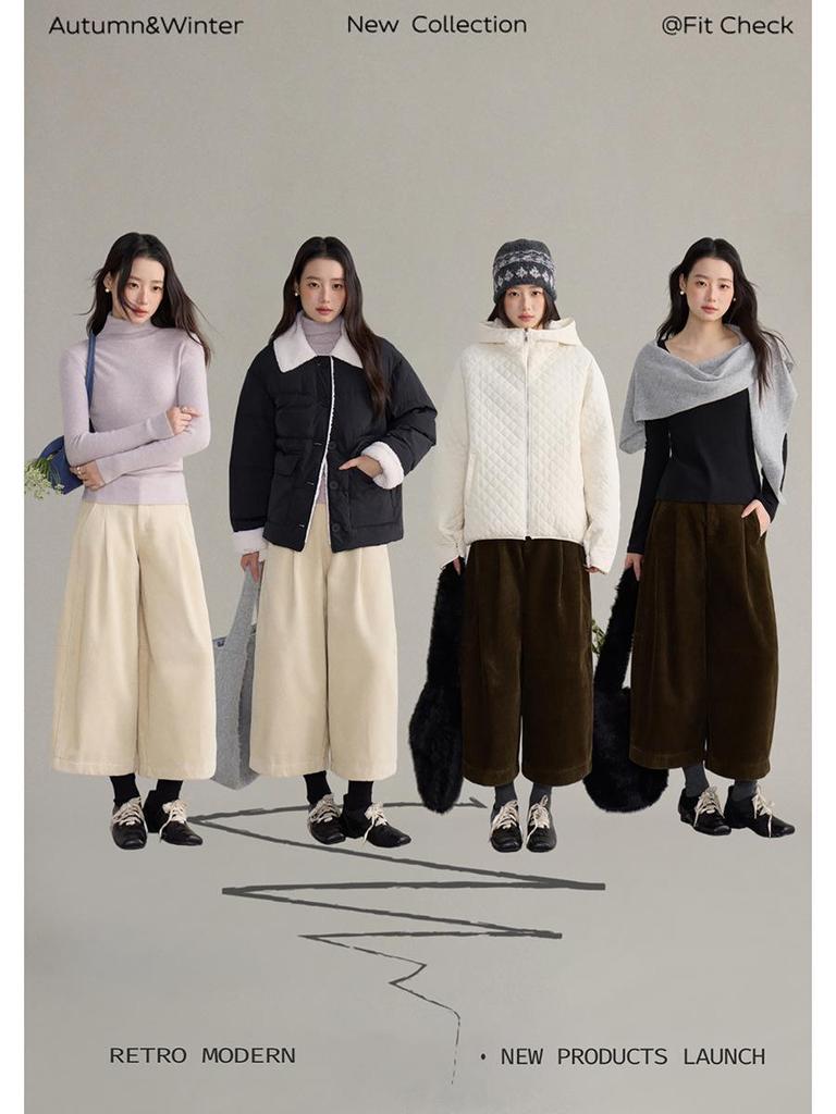 Retro Corduroy Thickened High-Waist Wide-Leg Winter Pants for Women