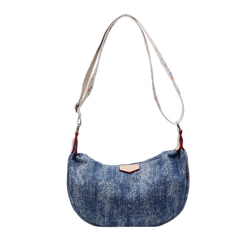 Denim Moon Bag with Colorful Strap Women s Crossbody Bag Fashionable Shoulder Bag Casual Daily Use Design