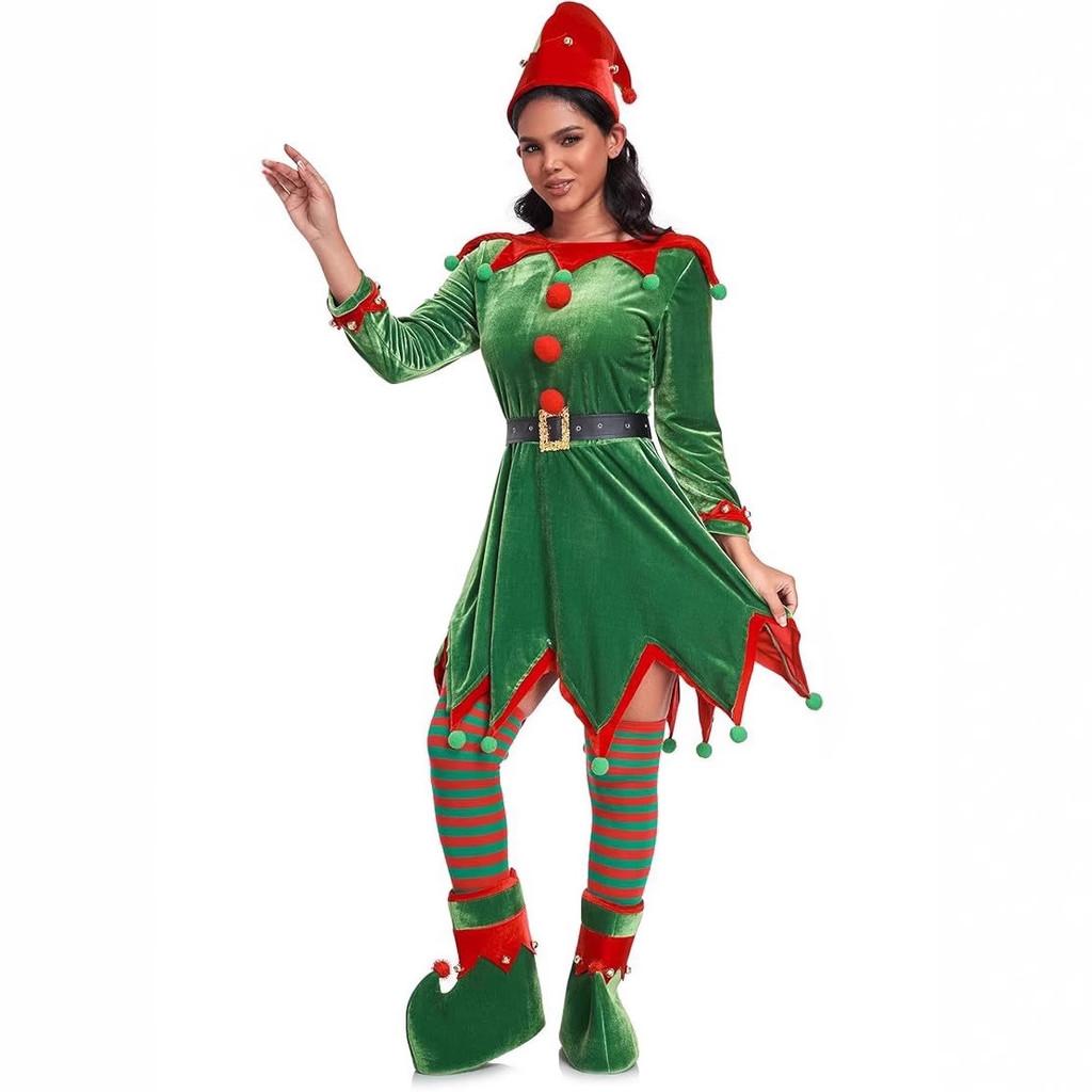 Costumi Cosplay Natale Capodanno Set Vestito Elfo Verde Babbo Natale Donna Adulta Calze Cappello Costumi Cosplay Performance Gioco di Ruolo