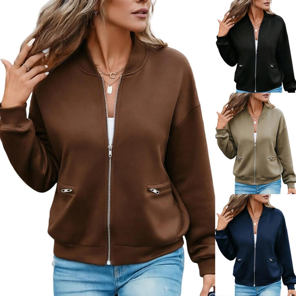 Women's Casual Color Zipper Jacket with Faux Pockets