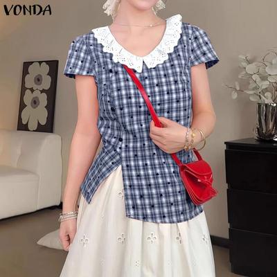 Summer Women Casual V Neck Short Sleeve Lace Patchwork Plaid Print Splits Blouse