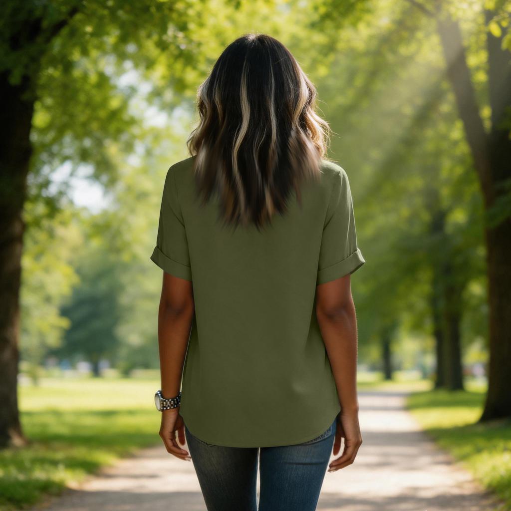 Women V Neck Short Sleeve Casual Blouse Lightweight Loose Fit Tunic Top with Roll Up Sleeve Design for Everyday Wear