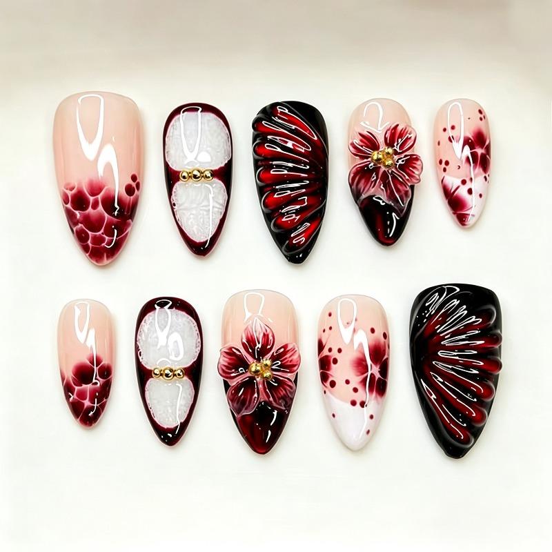 24PCS Red Polka Dot French False Nails with 3D Simple Flower Ripples Almond Press On Nails Full Cover Wearable Acrylic Nail Tips