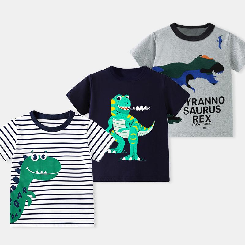 2026 Spring Summer Boys Short Sleeve Tee Cartoon Animal Striped Round Neck Printed Kids Top