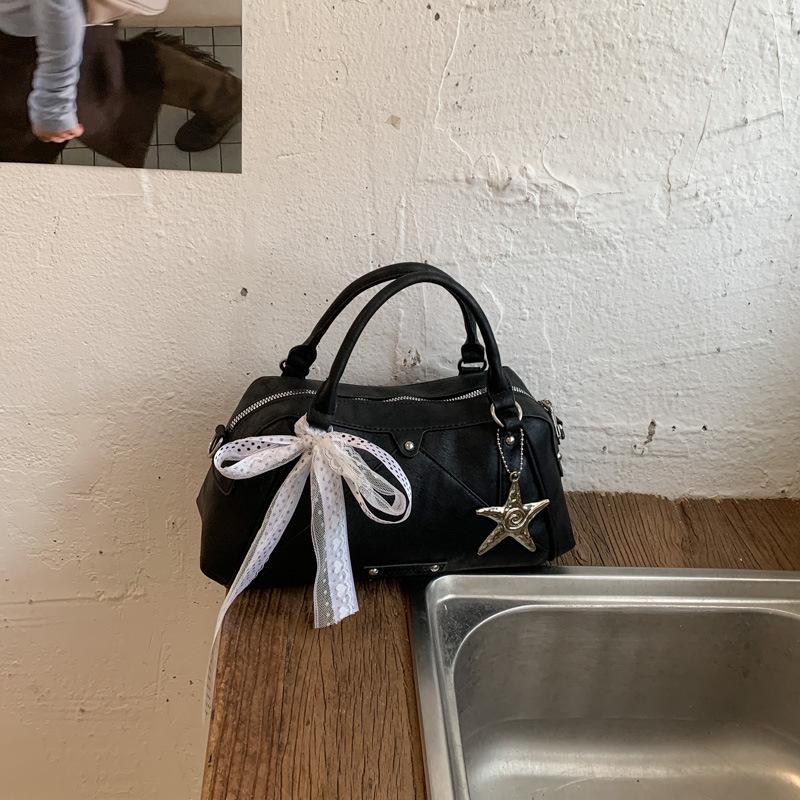 Korean Style Sweet Bowling Bag With Star Pendant Lace Bow Versatile Pillow Handbag Casual Daily Commuter Shoulder Crossbody Bag
