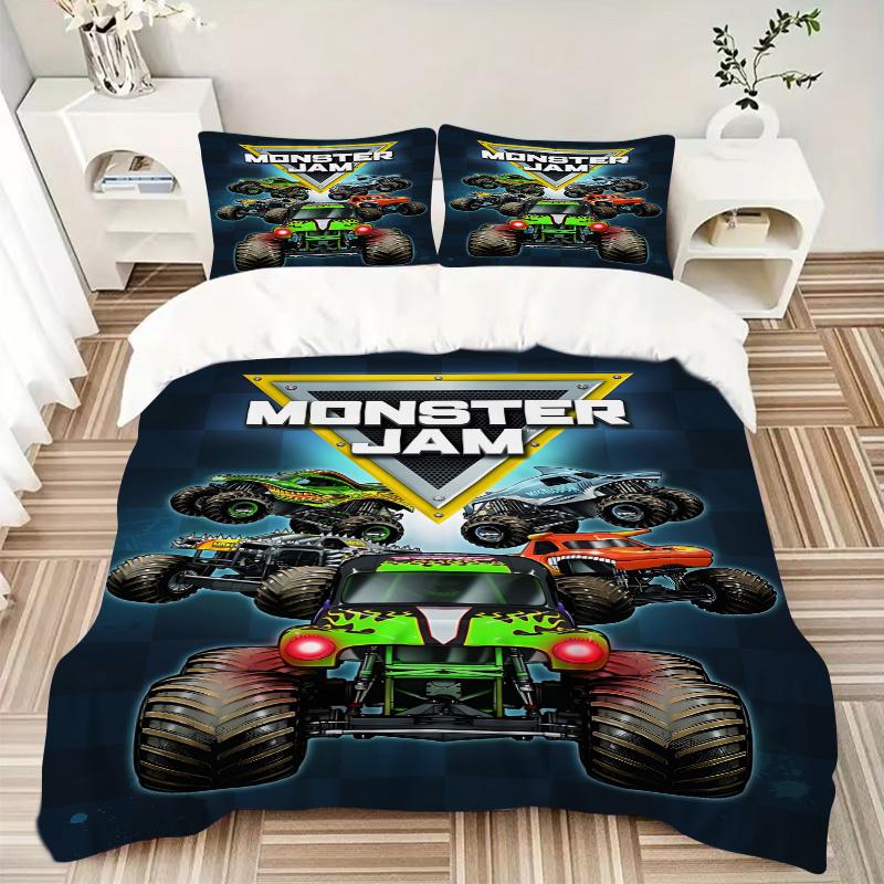 3pcs Monster Jam Monster Truck Home Bedding Set-Universal Three-Piece Suit for Bedroom, Guest Room, Living Room, Hotel-Perfect Holiday Gift