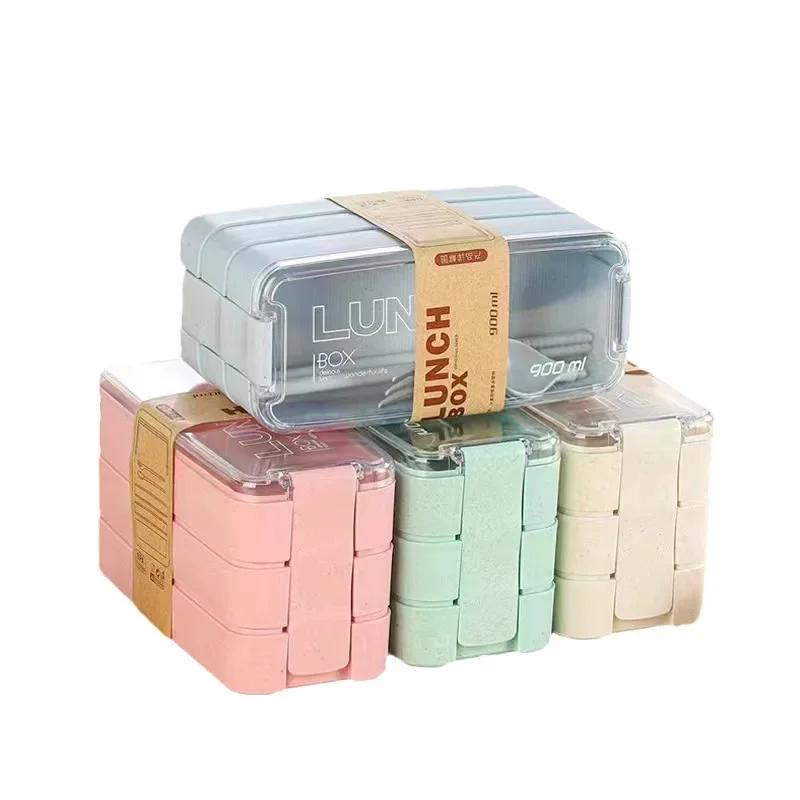 Przenośny Pojemnik na Lunch z Komorami ze Słomy Pszennej Pudełko Bento z Rączką do Przenoszenia Wielokrotnego Użytku Pojemniki na Sztućce 900ML Pudełko na Lunch Bento