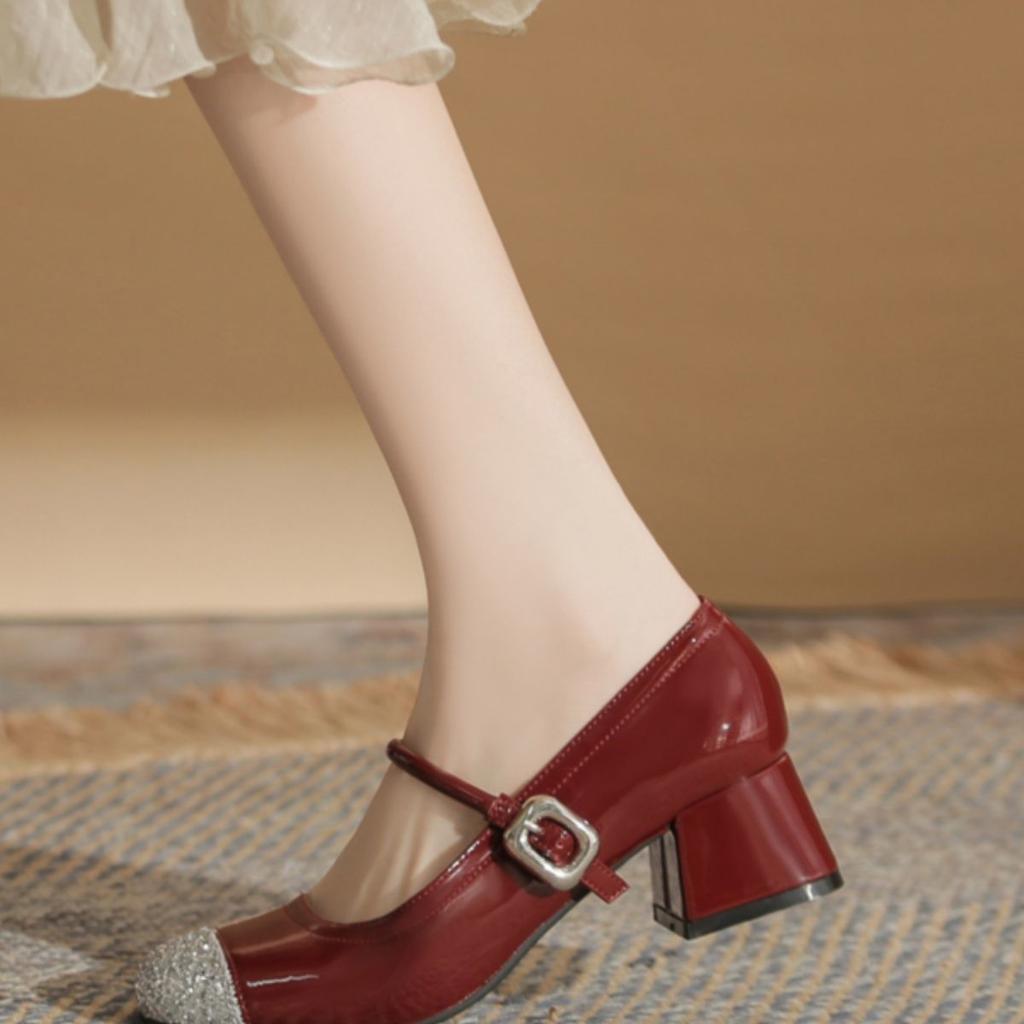 Mary Jane Small Leather Shoes Red Thick Heels Are Not Tired of High Heels Women's 2025 New Super Small Leather Shoes Foreign Style Versatile
