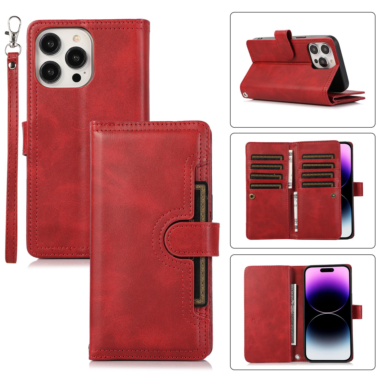 

For iPhone 15 Pro Split Leather Stand Cover Multiple Card Slots Wallet Phone Case with Strap Red