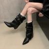 New American Spice Girl Rivet Pant Leg Height Increase Pointed Short Boots Autumn and Winter New Western Cowboy Boots Black