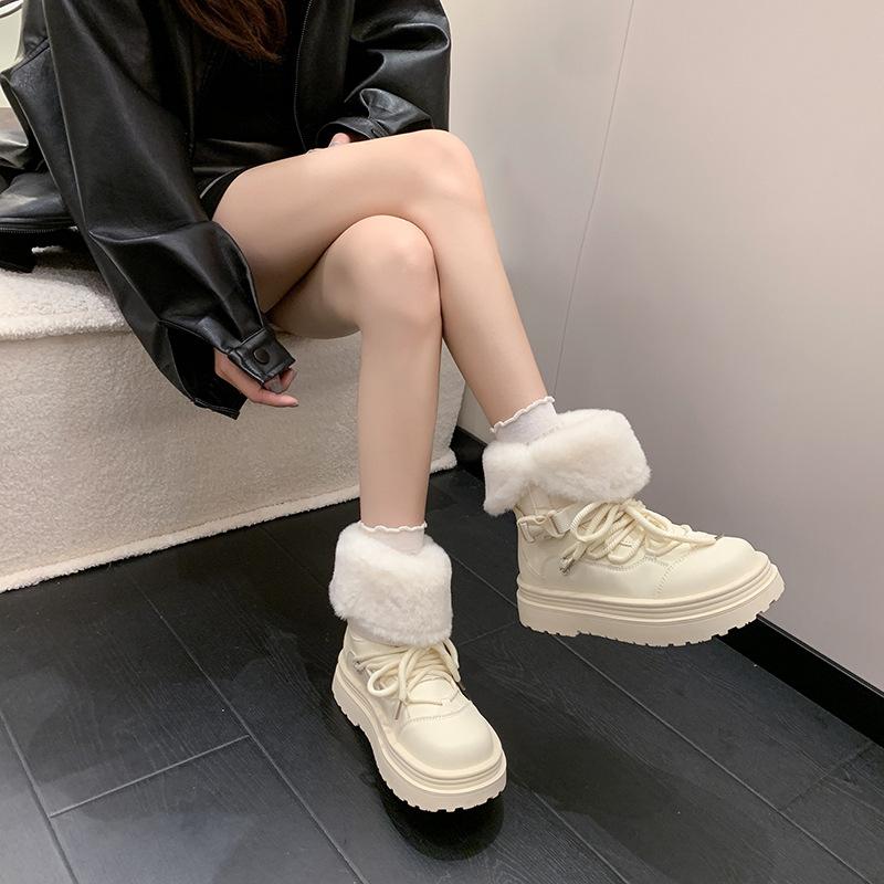 Women's Hairy Mouth Two Wear Fashion Lightweight Winter Warm Fur One Snow Boots Padded Lining Non-slip Casual Sports Martin Cotton Boots