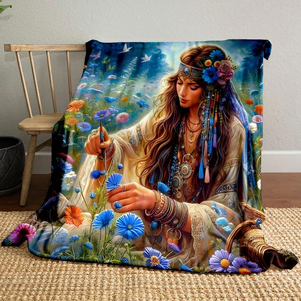 Bohemian Woman in Floral Meadow print blanket soft and cozy perfect for the living room bed sofa or a nap,gift