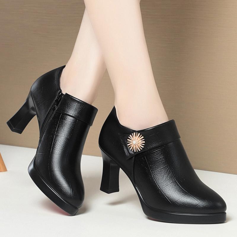 Deep-cut Single Shoes, Waterproof Platform Catwalk High-heeled Shoes for Women, Versatile Single Boots, Ladies' Leather Shoes, Thin Velvet Shoes