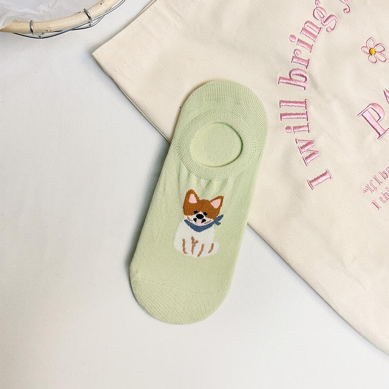 Spring and Summer Thin Boat Socks for Women, Cartoon Animal Silicone Invisible Socks for Dogs, Short, Shallow and Non-falling Heel Women's Socks