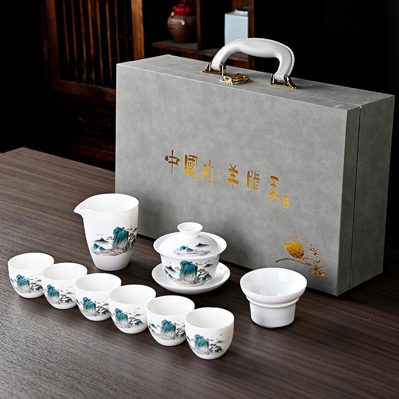 High-grade suet jade white porcelain, kung fu jade porcelain cover bowl tea set, Dehua ceramic gift box, gift set, souvenir gift